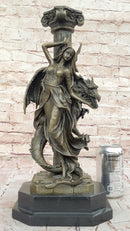 Bronze Fantasy Woman with Dragon & Column Mythical Sculpture