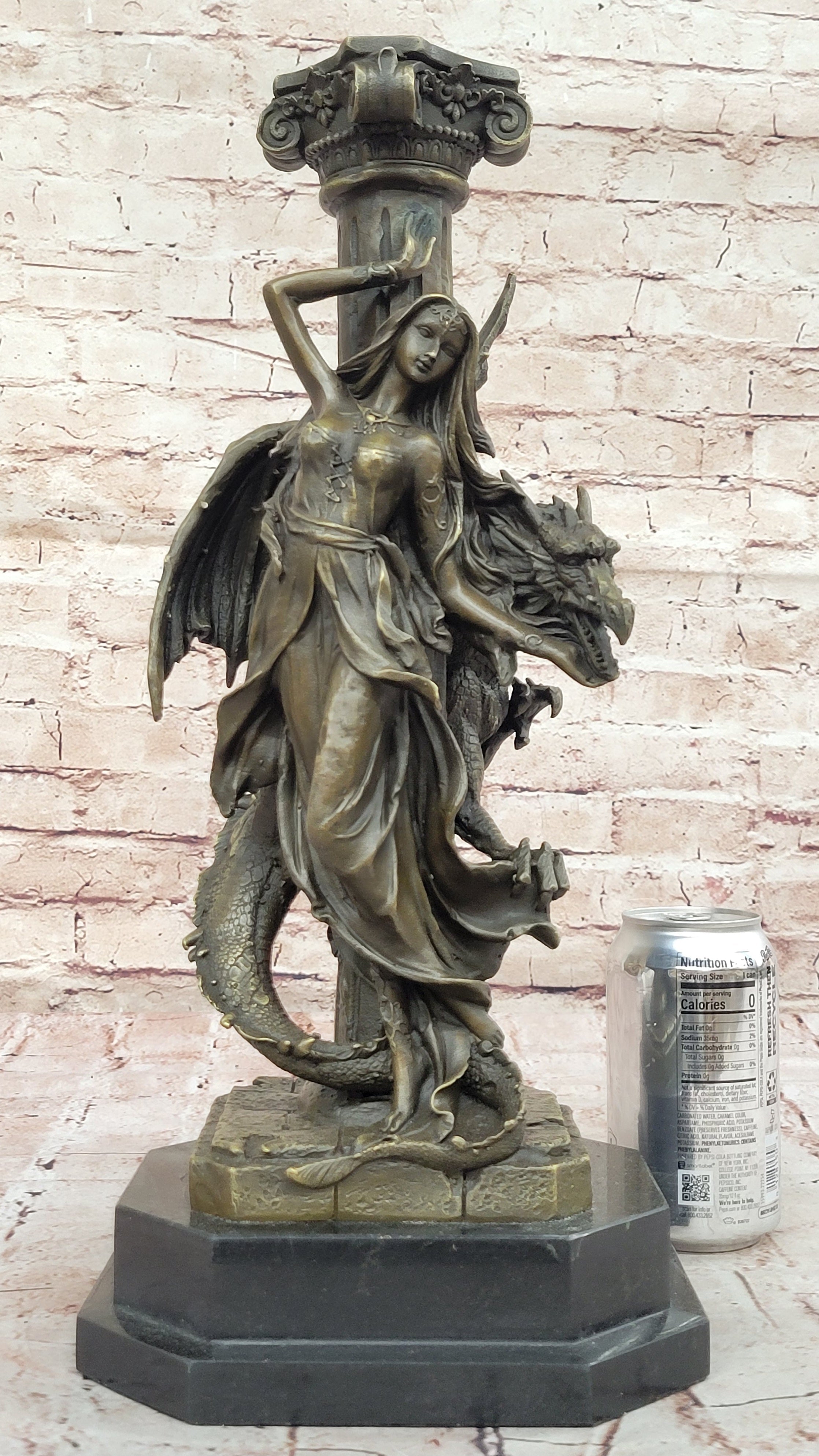 Bronze Fantasy Woman with Dragon & Column Mythical Sculpture