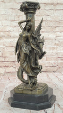 Bronze Fantasy Woman with Dragon & Column Mythical Sculpture