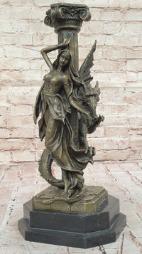 Bronze Fantasy Woman with Dragon & Column Mythical Sculpture