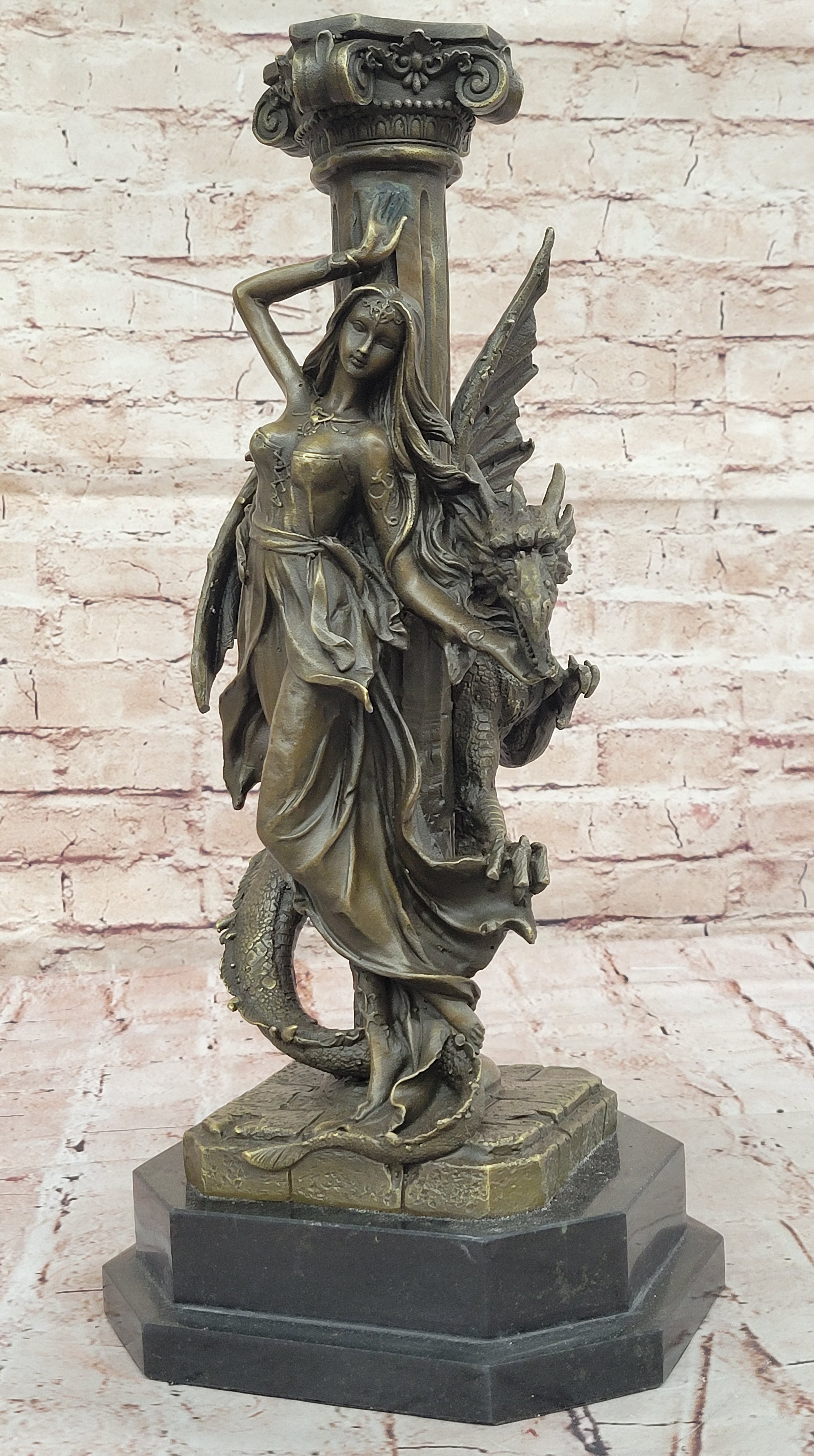 Bronze Fantasy Woman with Dragon & Column Mythical Sculpture