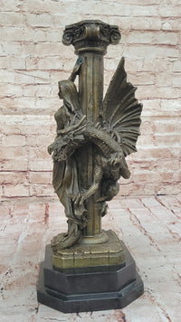 Bronze Fantasy Woman with Dragon & Column Mythical Sculpture