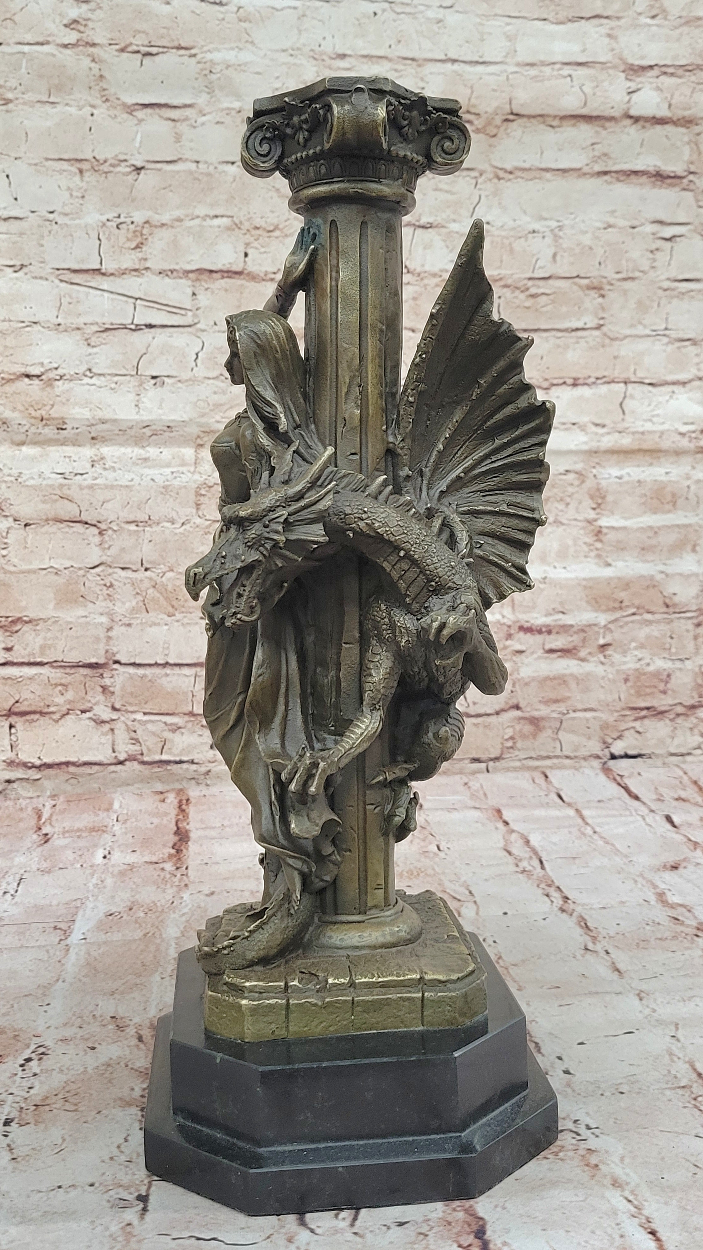 Bronze Fantasy Woman with Dragon & Column Mythical Sculpture