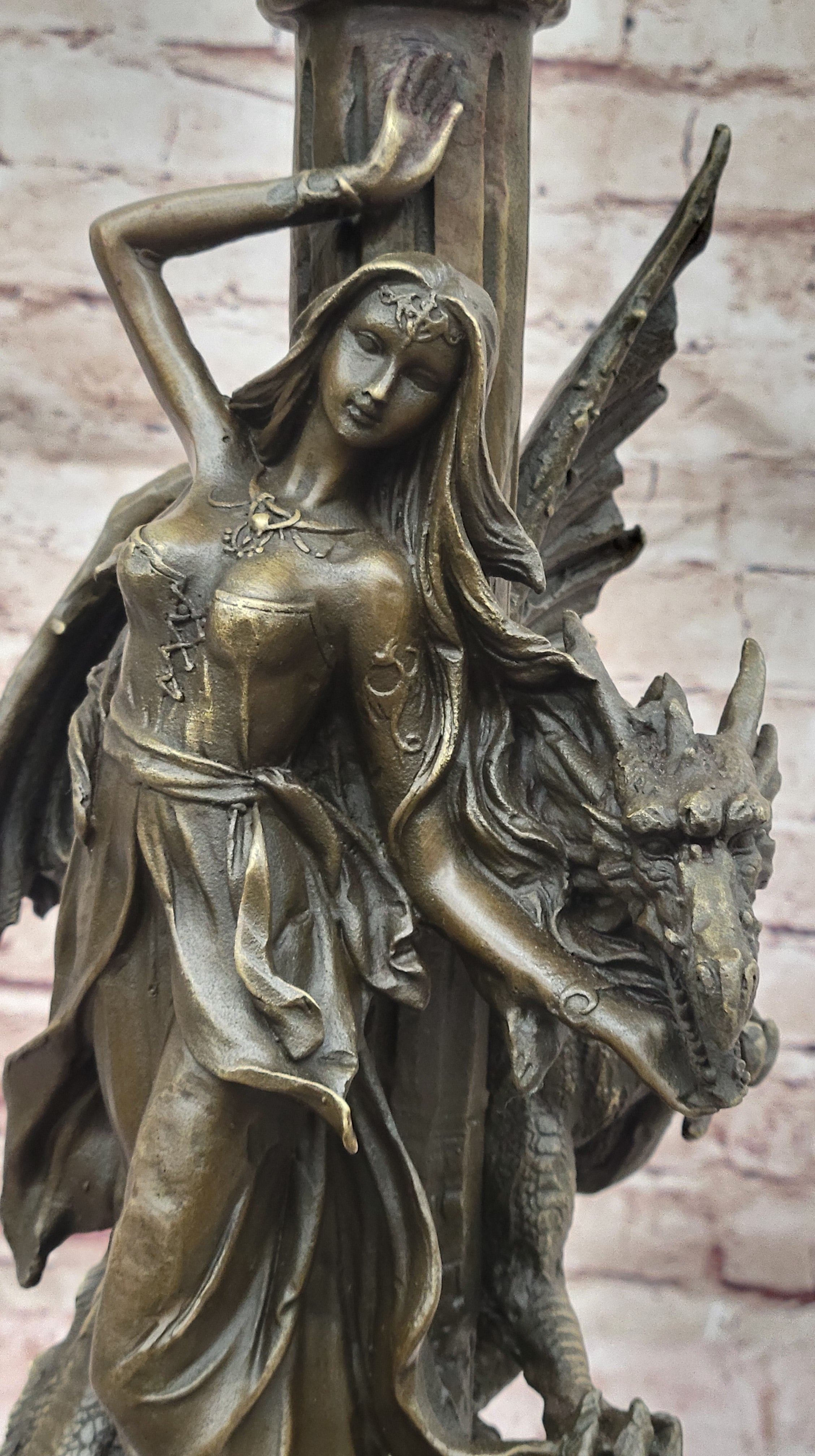 Bronze Fantasy Woman with Dragon & Column Mythical Sculpture