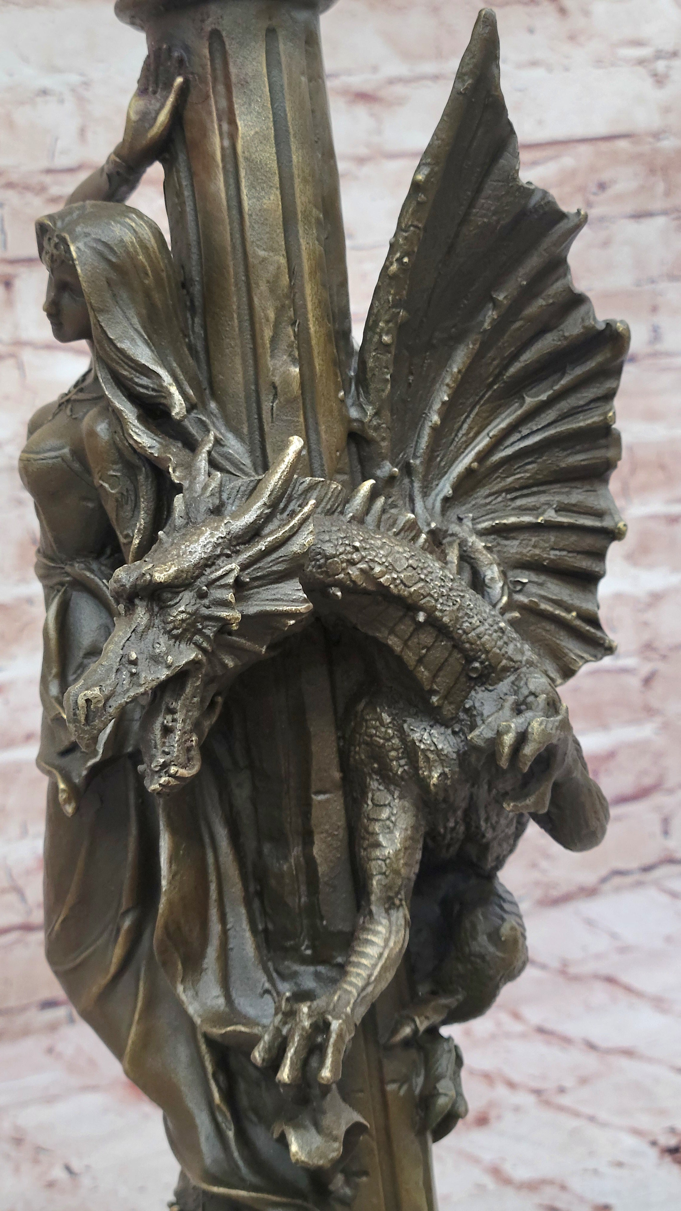 Bronze Fantasy Woman with Dragon & Column Mythical Sculpture