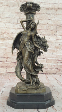 Bronze Fantasy Woman with Dragon & Column Mythical Sculpture