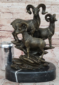 Trio of Mountain Rams Bronze Sculpture on Marble Base