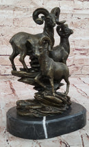 Trio of Mountain Rams Bronze Sculpture on Marble Base
