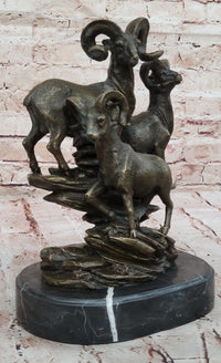 Trio of Mountain Rams Bronze Sculpture on Marble Base