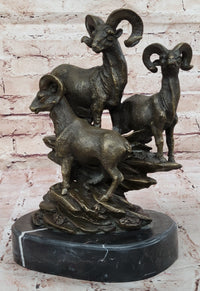 Trio of Mountain Rams Bronze Sculpture on Marble Base