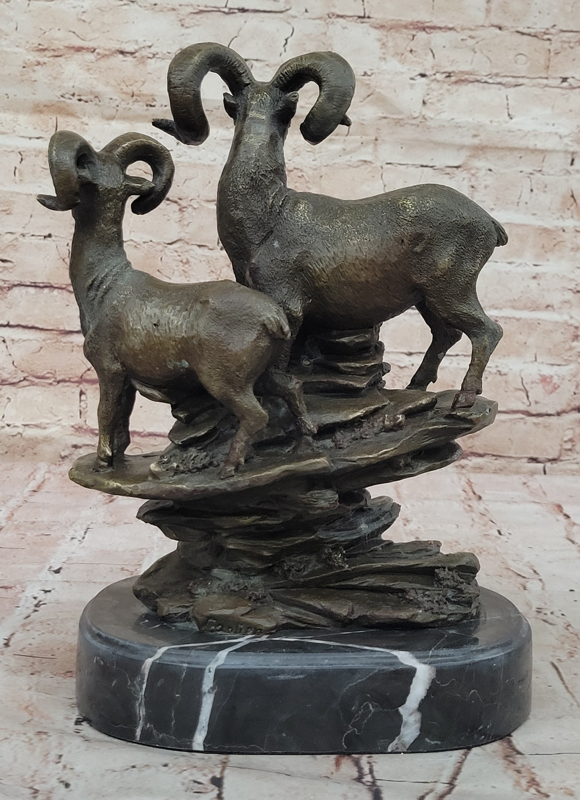 Trio of Mountain Rams Bronze Sculpture on Marble Base