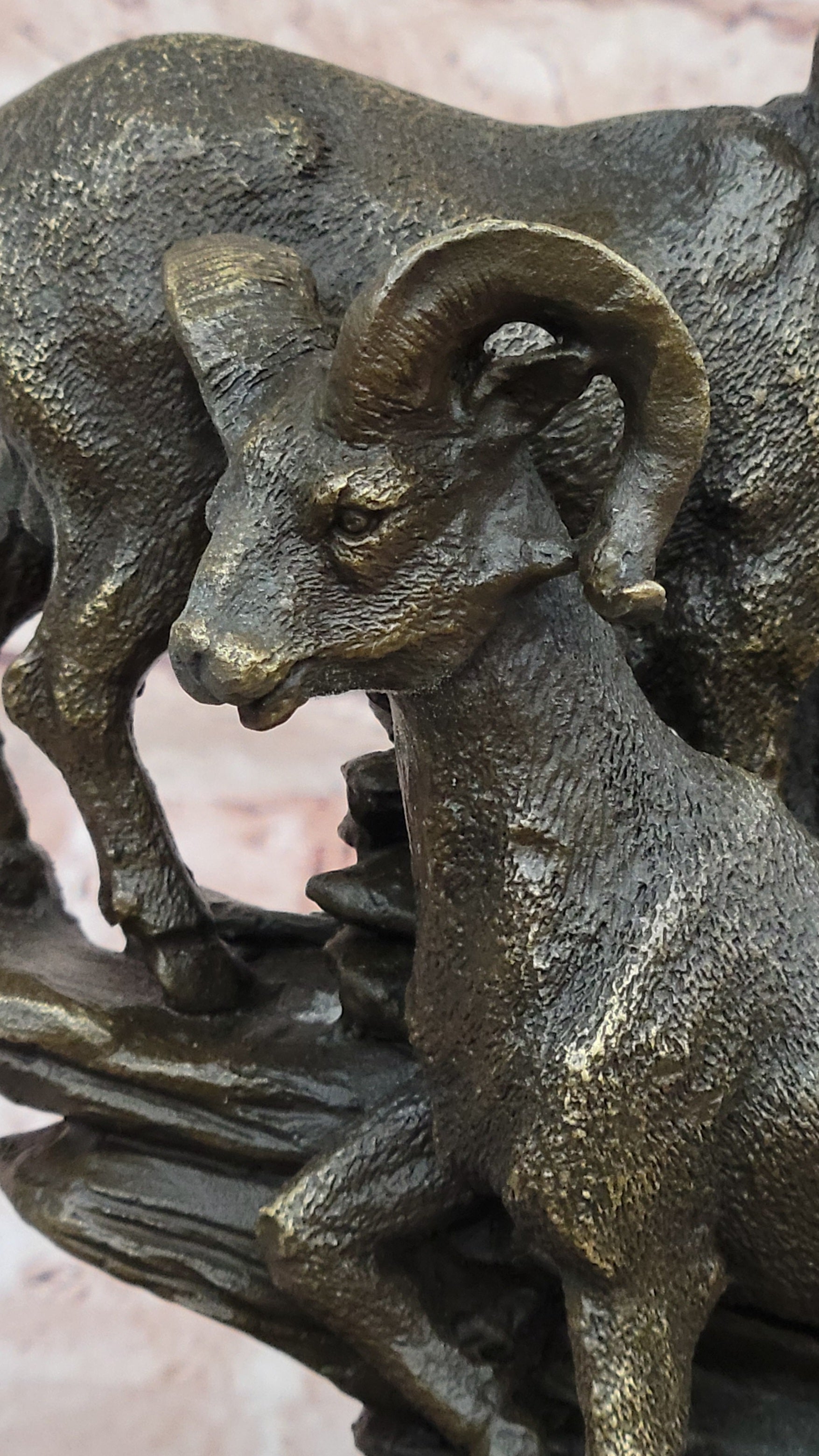 Trio of Mountain Rams Bronze Sculpture on Marble Base