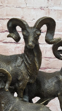 Trio of Mountain Rams Bronze Sculpture on Marble Base