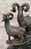 Trio of Mountain Rams Bronze Sculpture on Marble Base