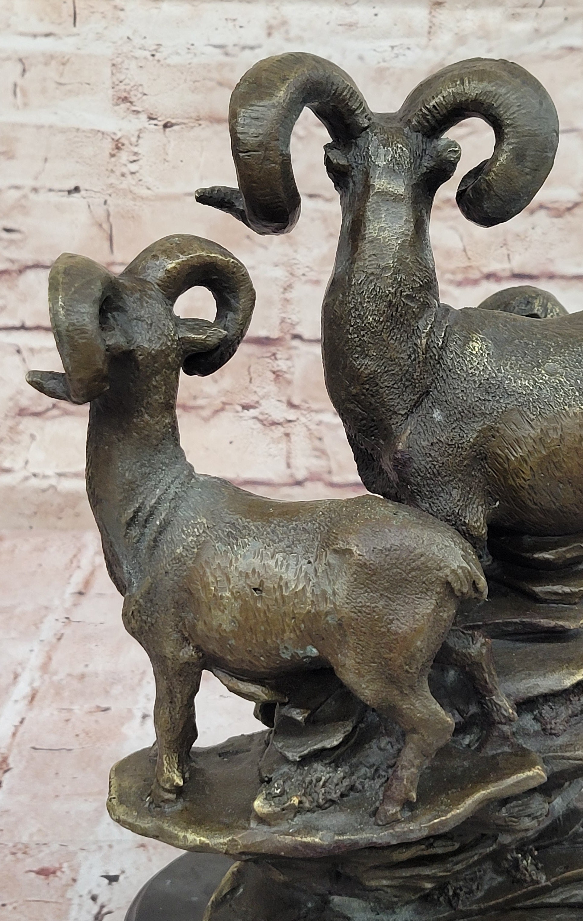 Trio of Mountain Rams Bronze Sculpture on Marble Base