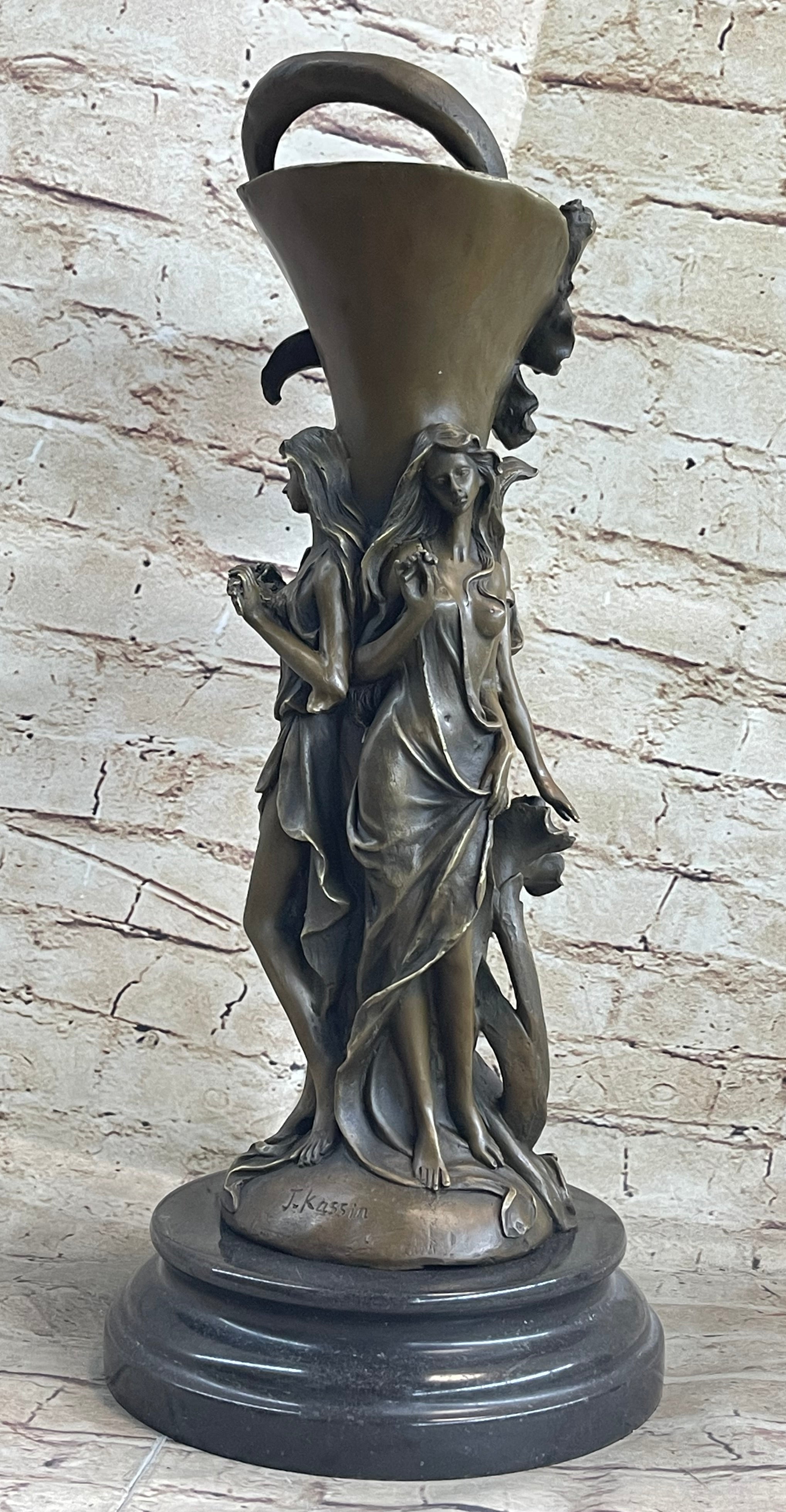 Art Deco Three Nymphs Bronze Vase Sculpture Marble Base