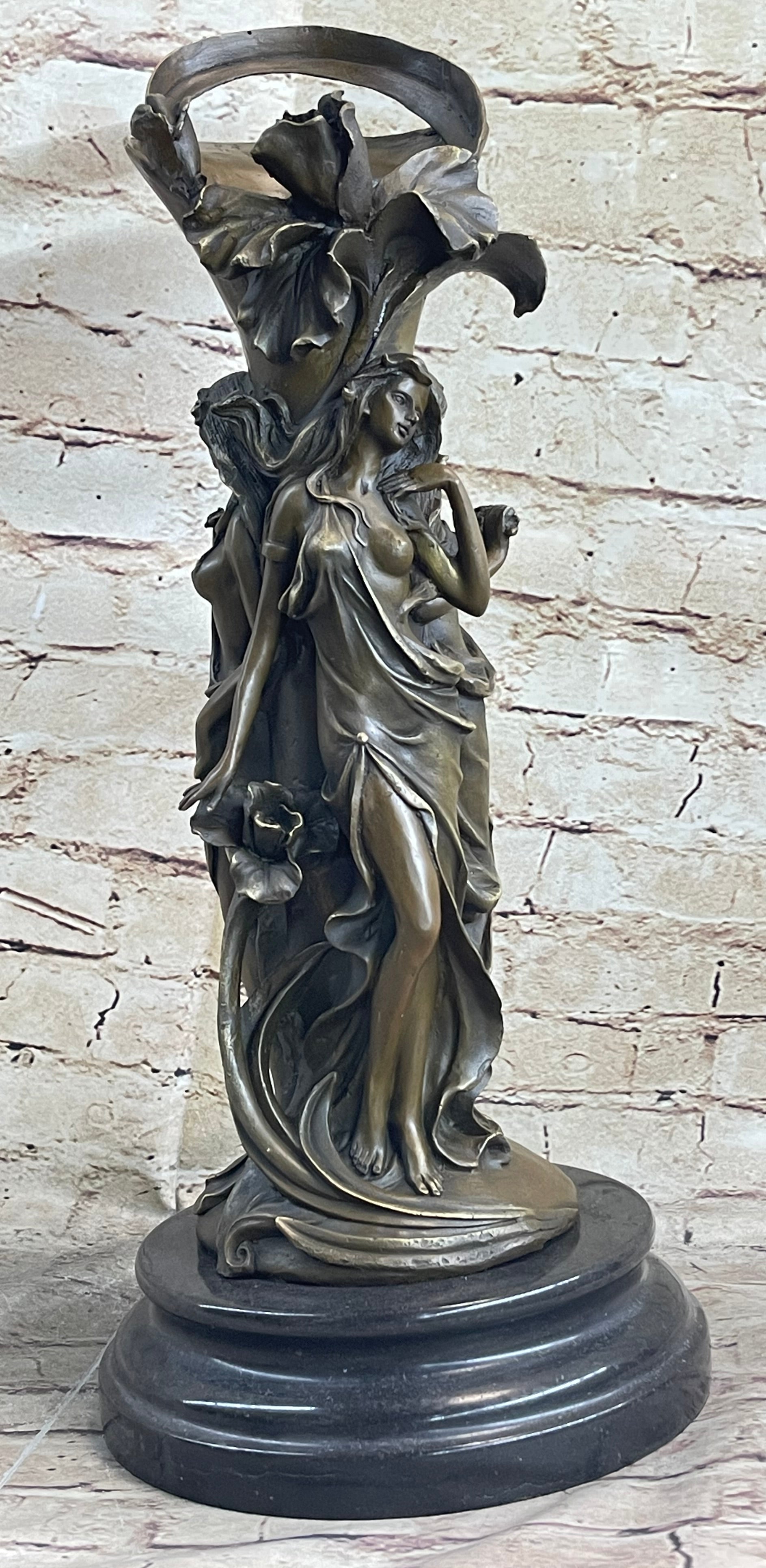 Art Deco Three Nymphs Bronze Vase Sculpture Marble Base