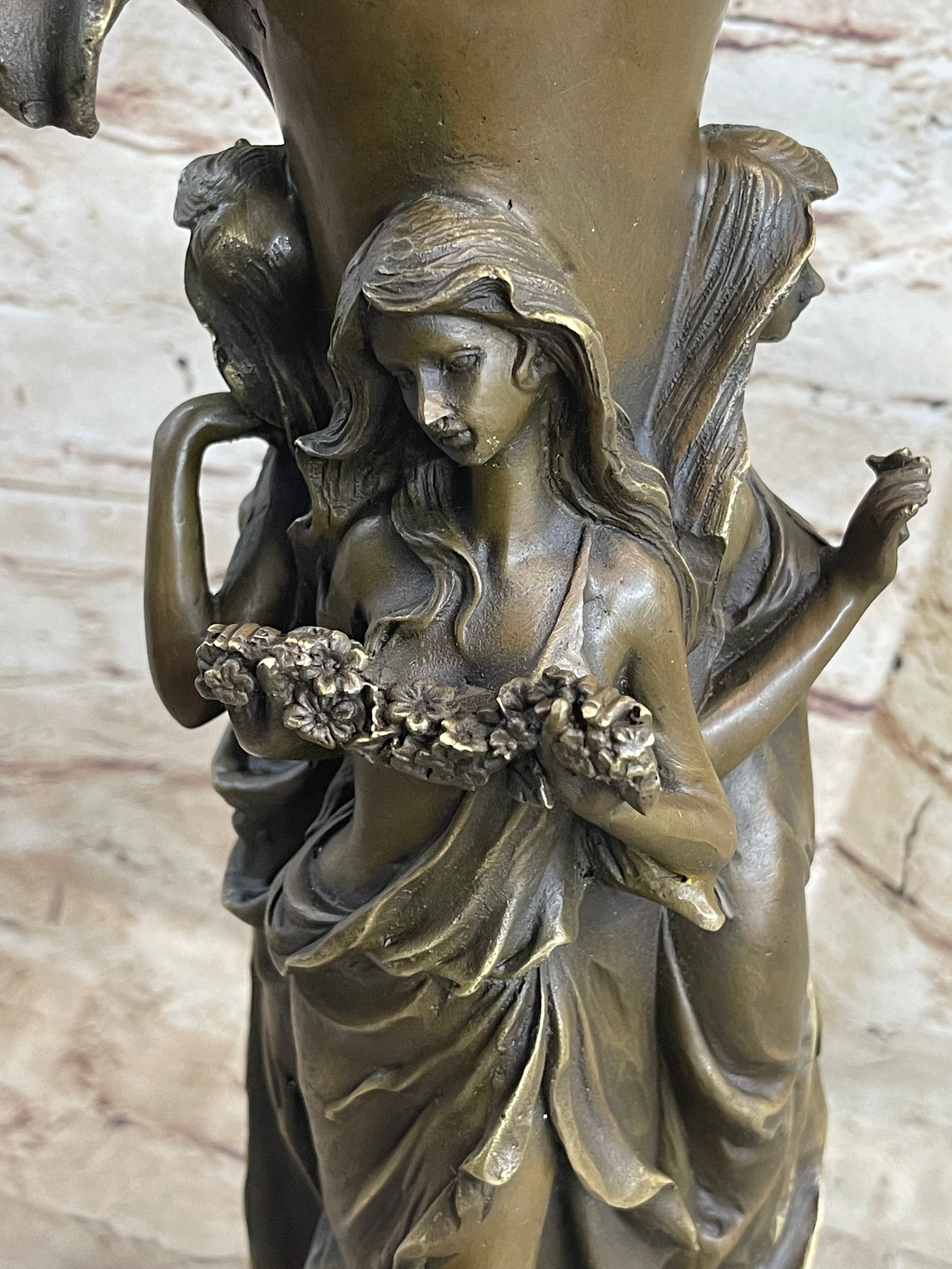 Art Deco Three Nymphs Bronze Vase Sculpture Marble Base
