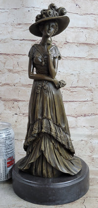 Young Woman in Victorian Fashion Hat Bronze Metal Figure