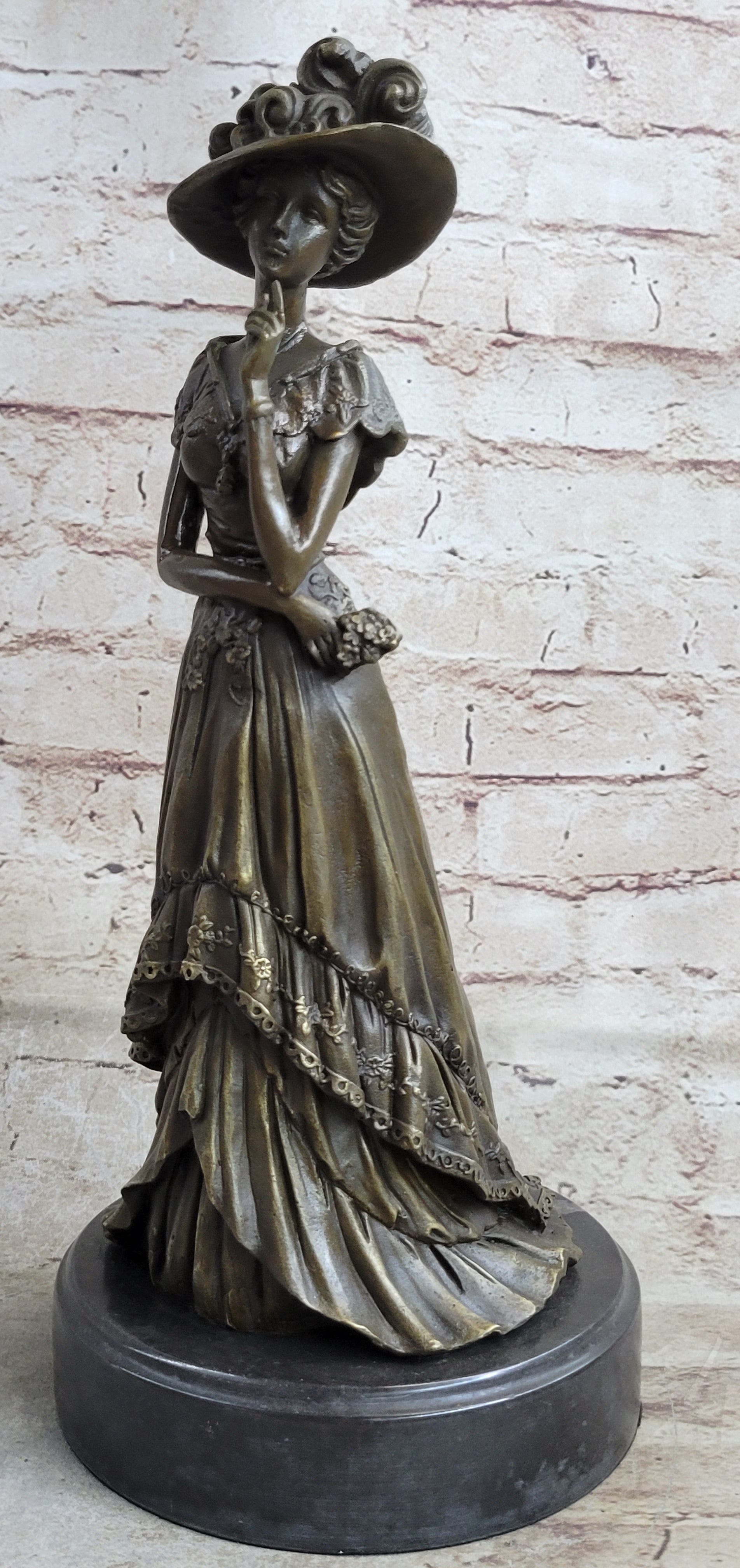 Young Woman in Victorian Fashion Hat Bronze Metal Figure