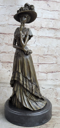 Young Woman in Victorian Fashion Hat Bronze Metal Figure