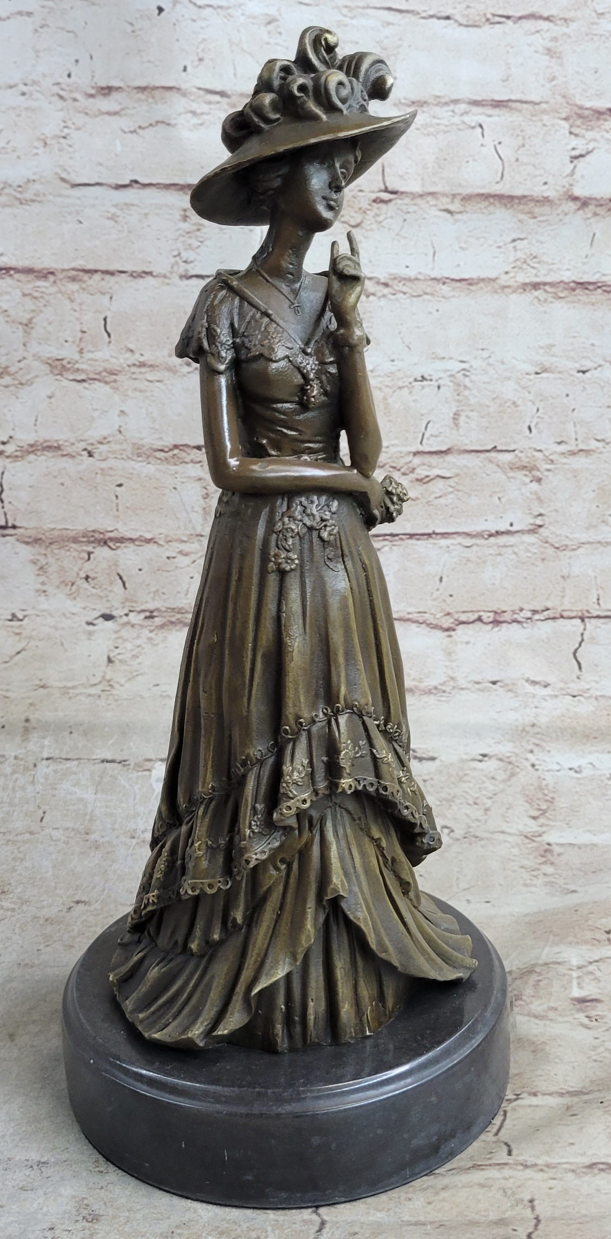 Young Woman in Victorian Fashion Hat Bronze Metal Figure