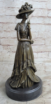 Young Woman in Victorian Fashion Hat Bronze Metal Figure