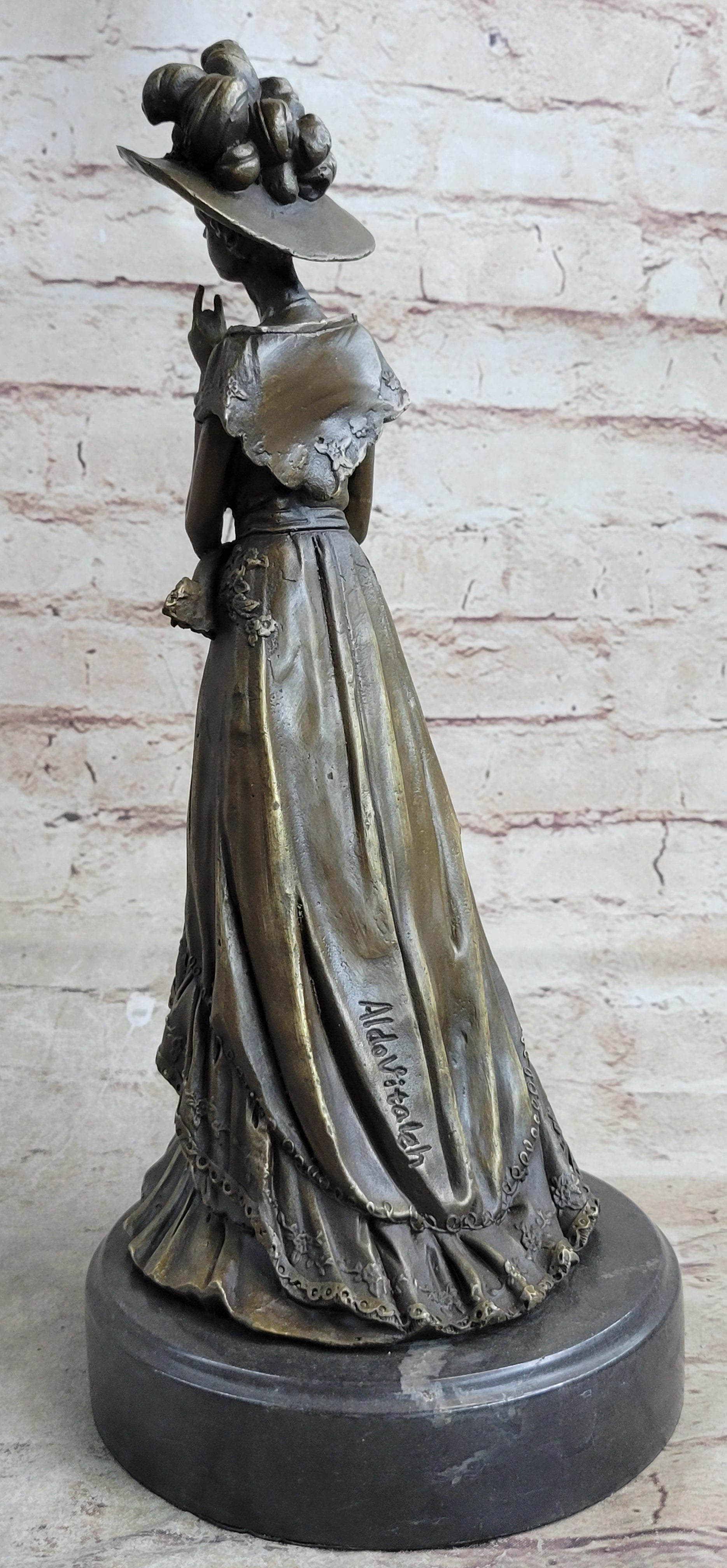 Young Woman in Victorian Fashion Hat Bronze Metal Figure