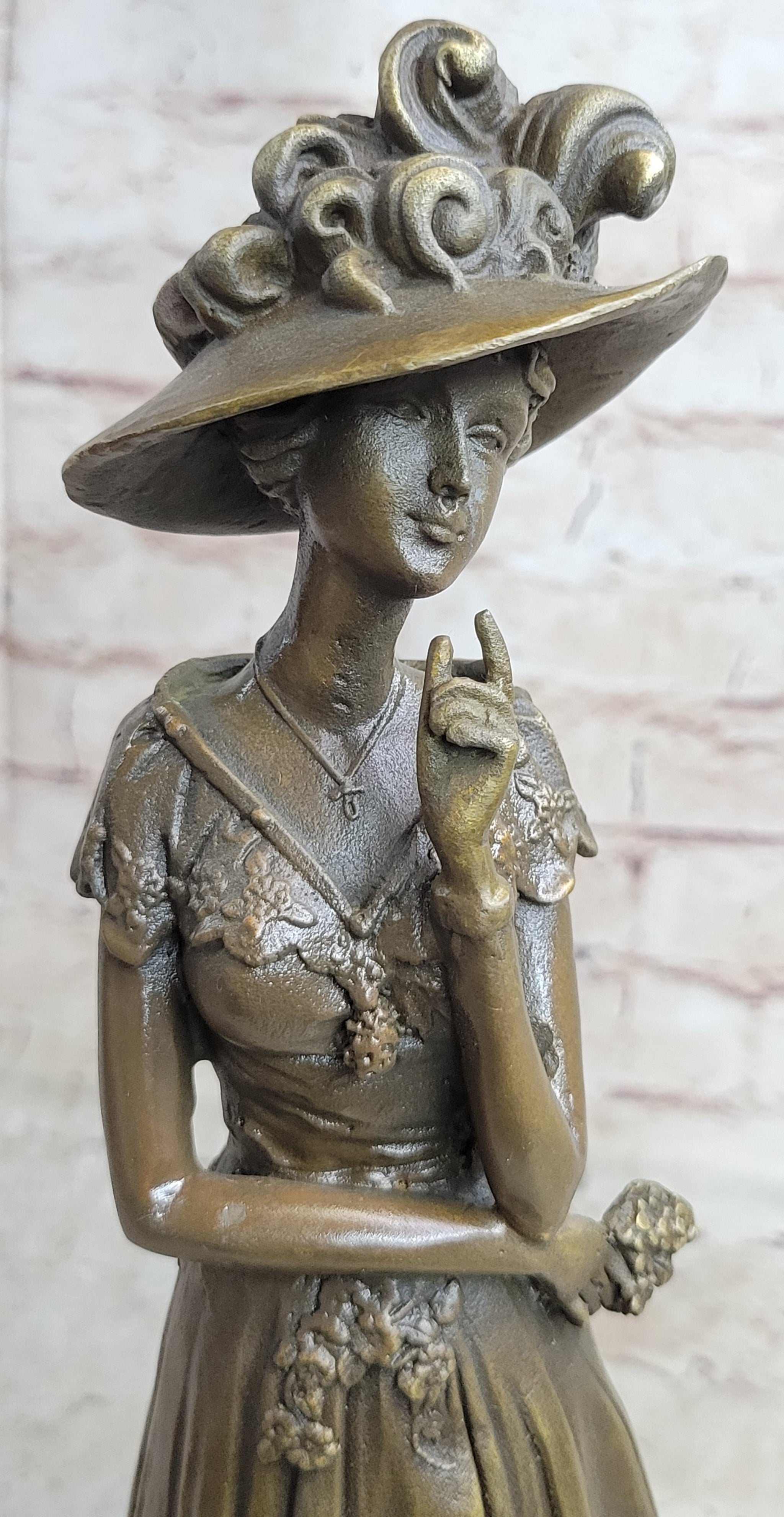 Young Woman in Victorian Fashion Hat Bronze Metal Figure