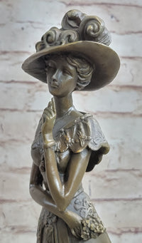 Young Woman in Victorian Fashion Hat Bronze Metal Figure