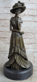 Young Woman in Victorian Fashion Hat Bronze Metal Figure