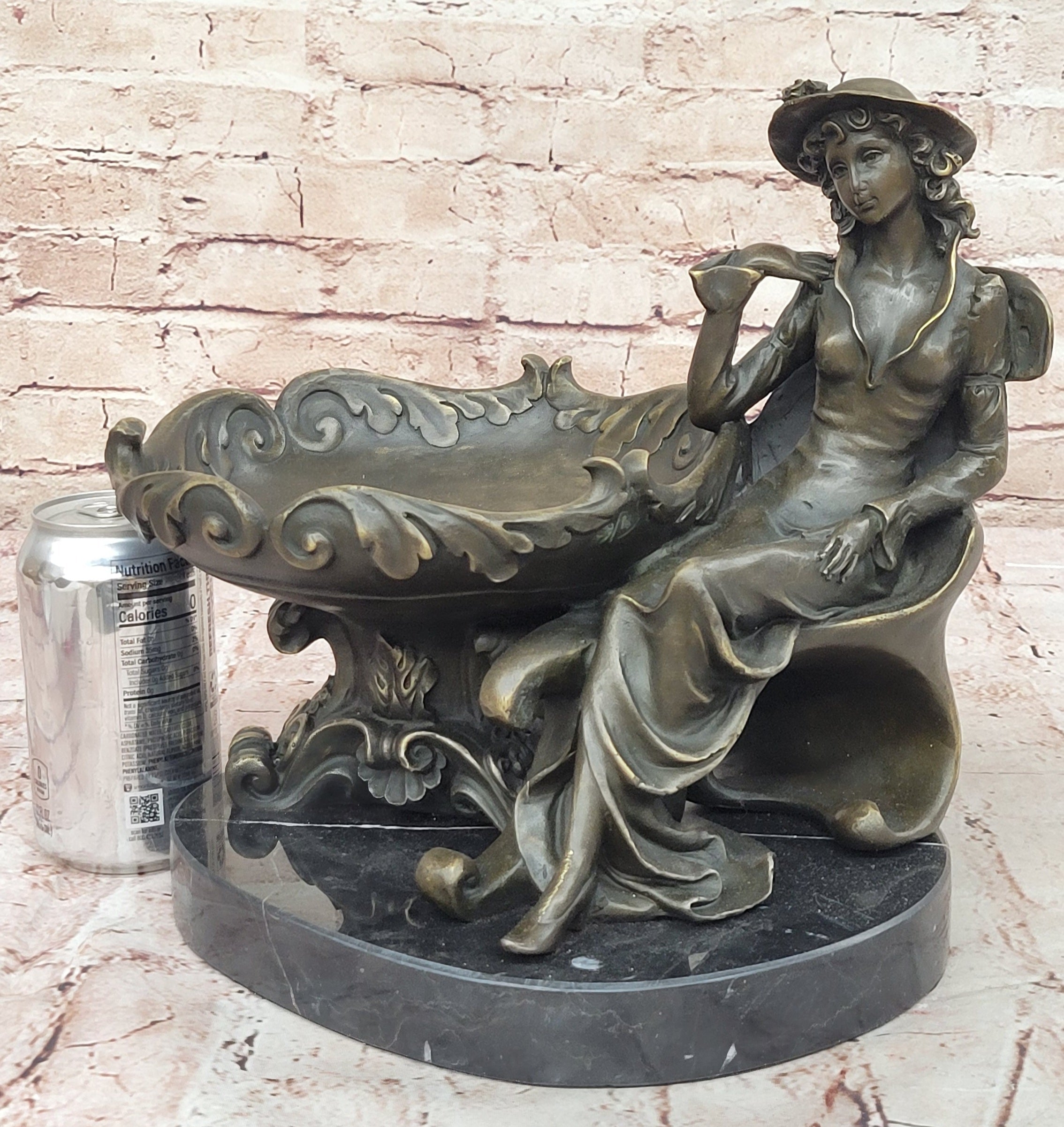 Lady with Hat Beside Ornate Dish Bronze Sculpture - Victorian Art