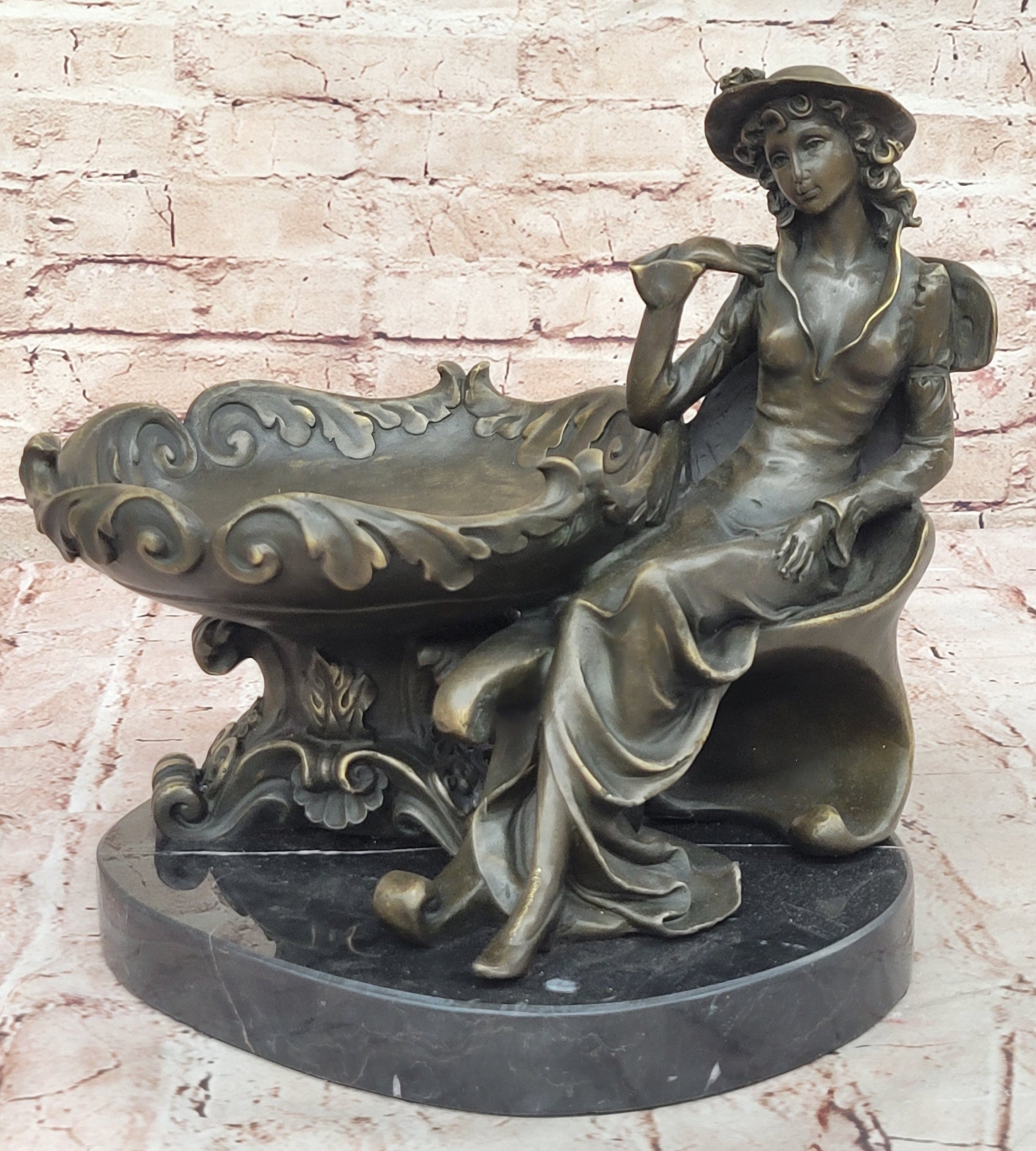 Lady with Hat Beside Ornate Dish Bronze Sculpture - Victorian Art
