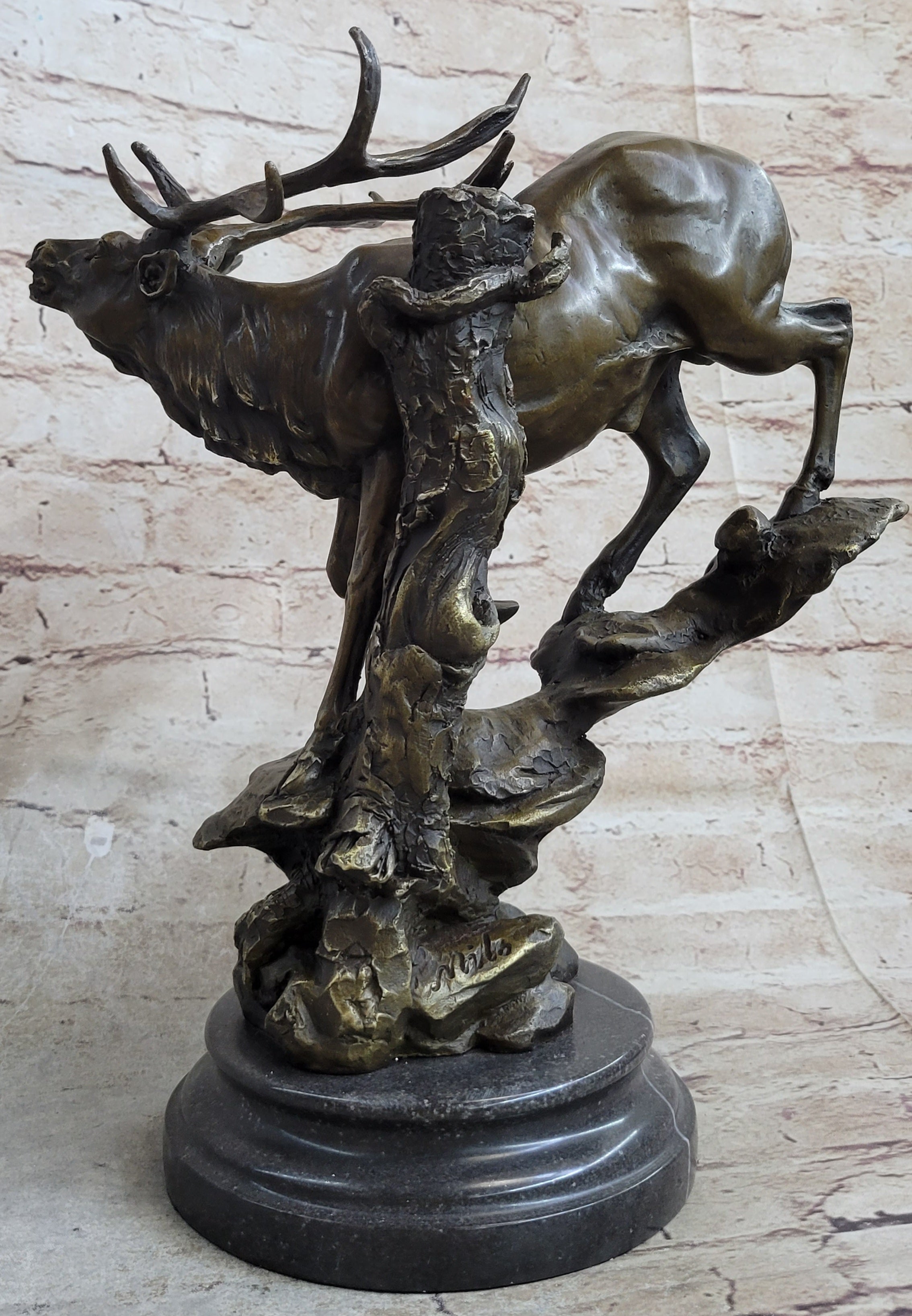 Bronze Marble Elk Deer Stag Hunter Wildlife Art Sculpture