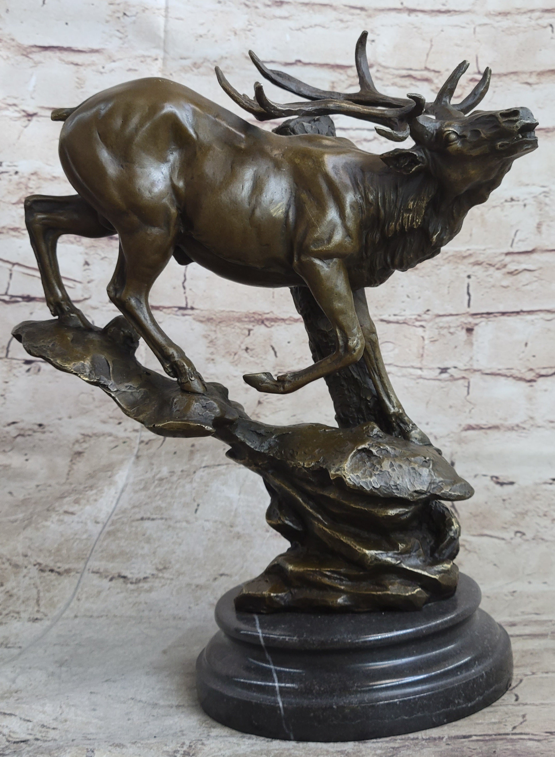 Bronze Marble Elk Deer Stag Hunter Wildlife Art Sculpture