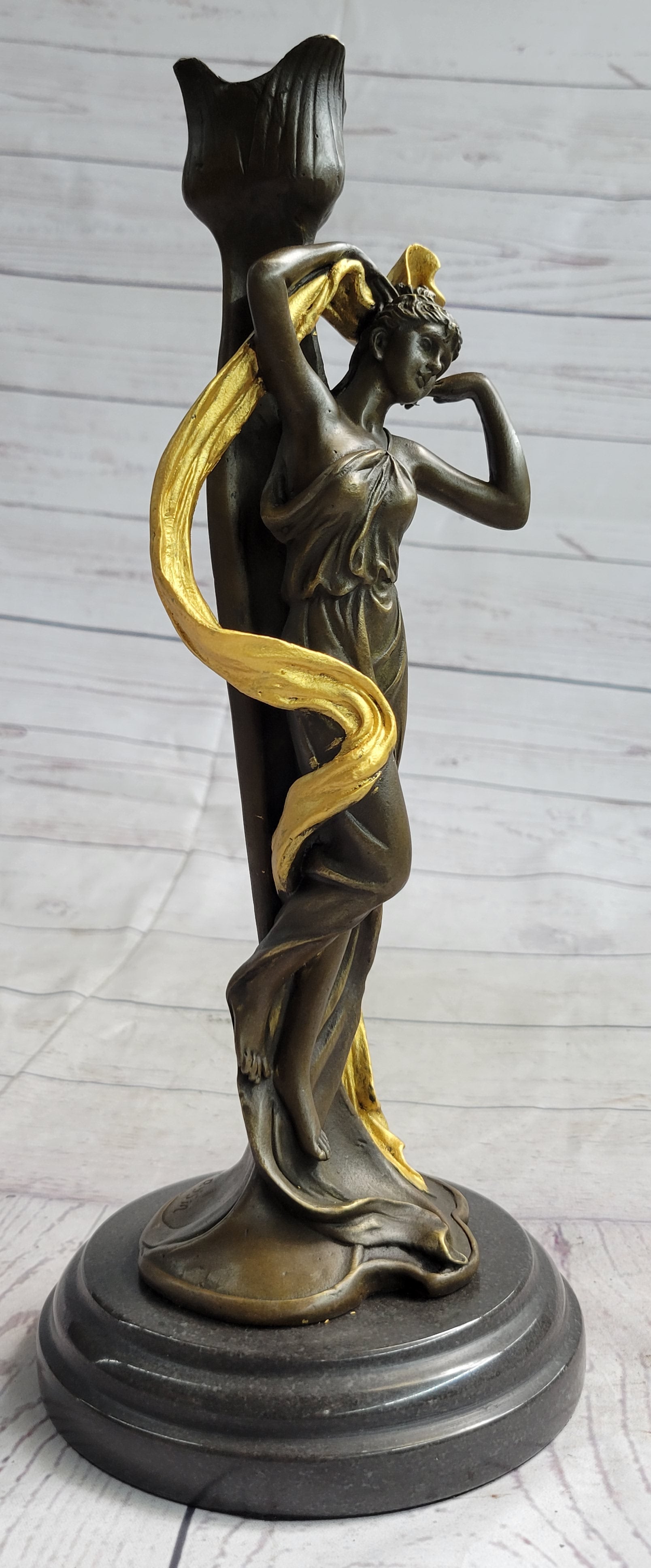 Female Bronze Candle Holder Candelabra Gold Patina