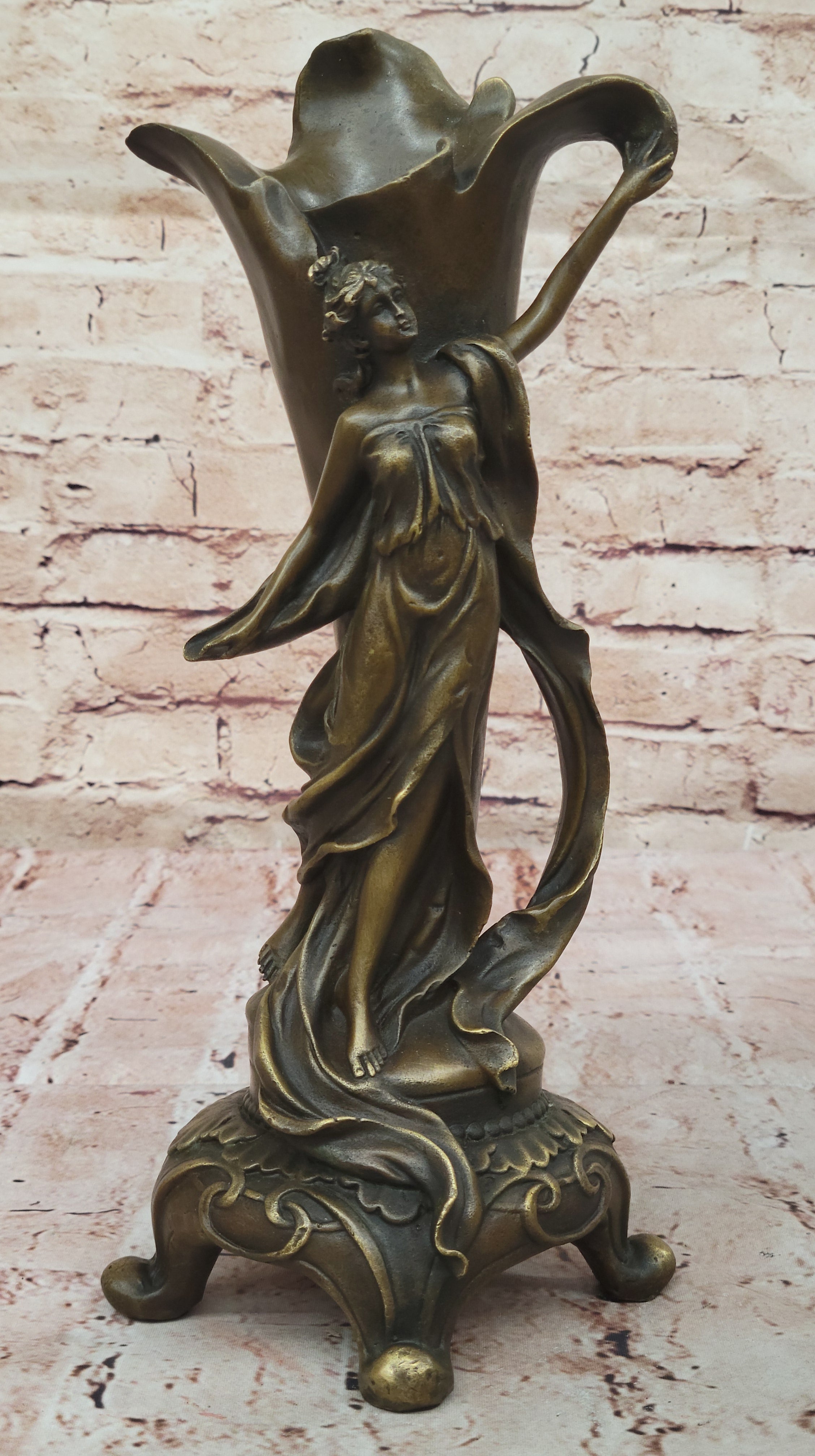 Art Nouveau Bronze Vase with Elegant Woman - Antique-Style Centerpiece