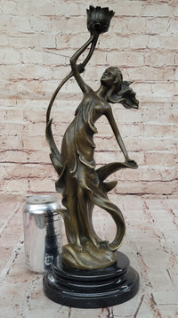 Art Nouveau Bronze Candle Holder – Woman in Flowing Dress