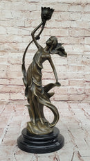 Art Nouveau Bronze Candle Holder – Woman in Flowing Dress