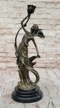 Art Nouveau Bronze Candle Holder – Woman in Flowing Dress