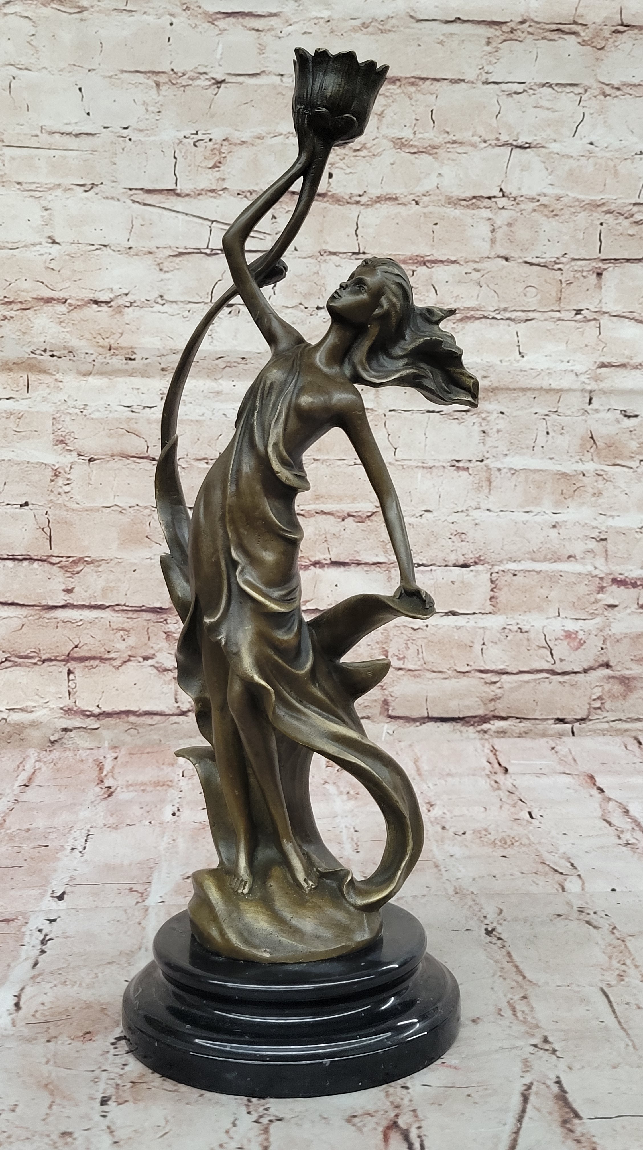 Art Nouveau Bronze Candle Holder – Woman in Flowing Dress