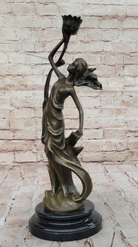 Art Nouveau Bronze Candle Holder – Woman in Flowing Dress
