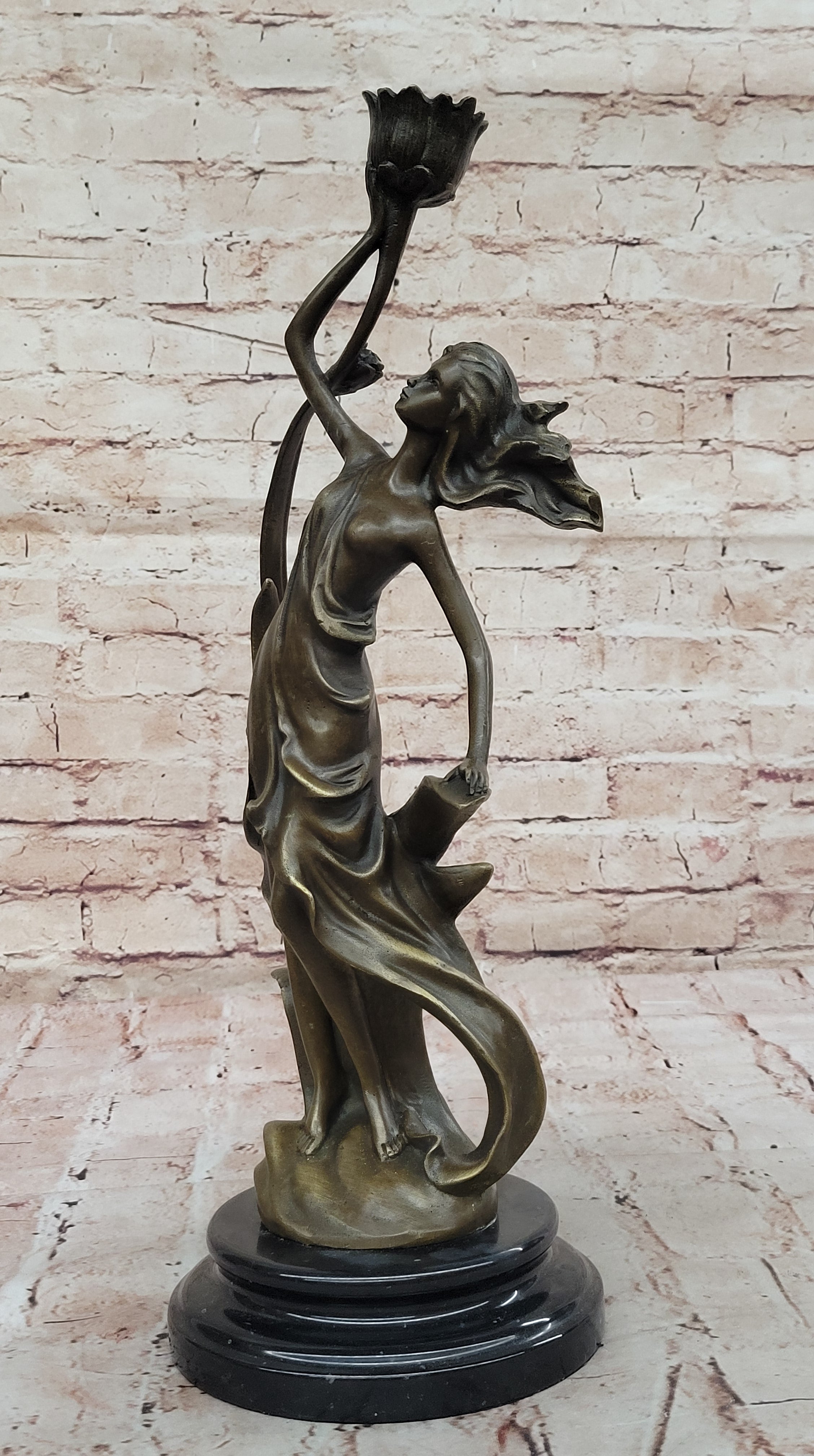 Art Nouveau Bronze Candle Holder – Woman in Flowing Dress