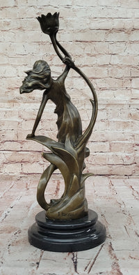 Art Nouveau Bronze Candle Holder – Woman in Flowing Dress