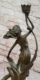 Art Nouveau Bronze Candle Holder – Woman in Flowing Dress