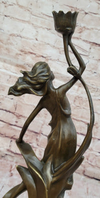 Art Nouveau Bronze Candle Holder – Woman in Flowing Dress