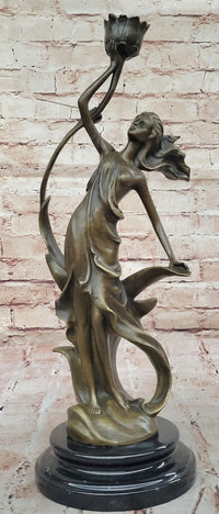 Art Nouveau Bronze Candle Holder – Woman in Flowing Dress