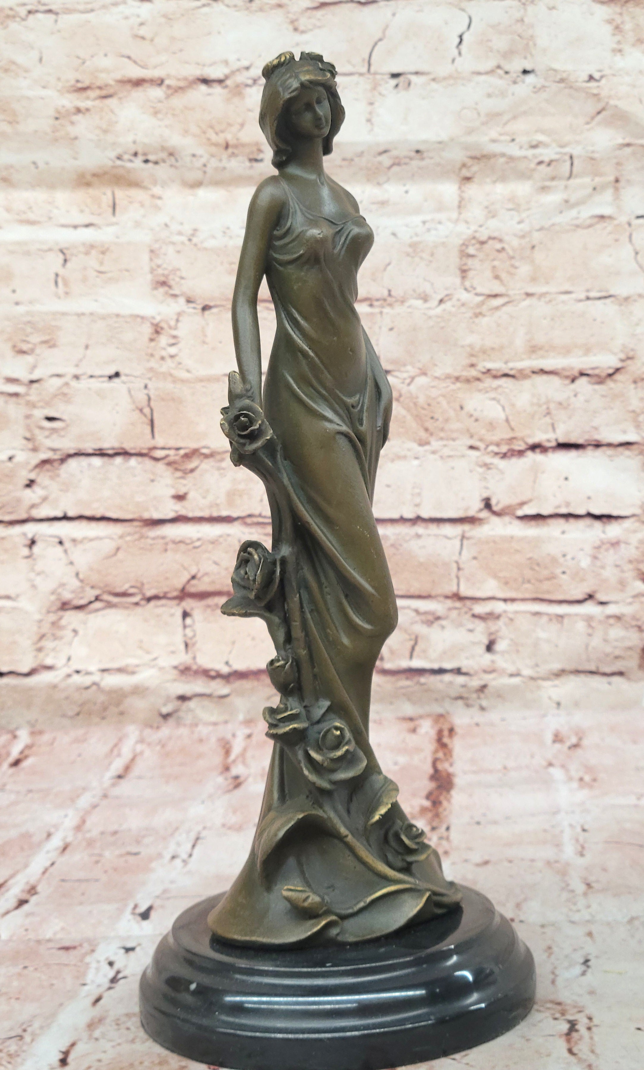 Bronze Lady with Roses Art Nouveau Sculpture by Kassin