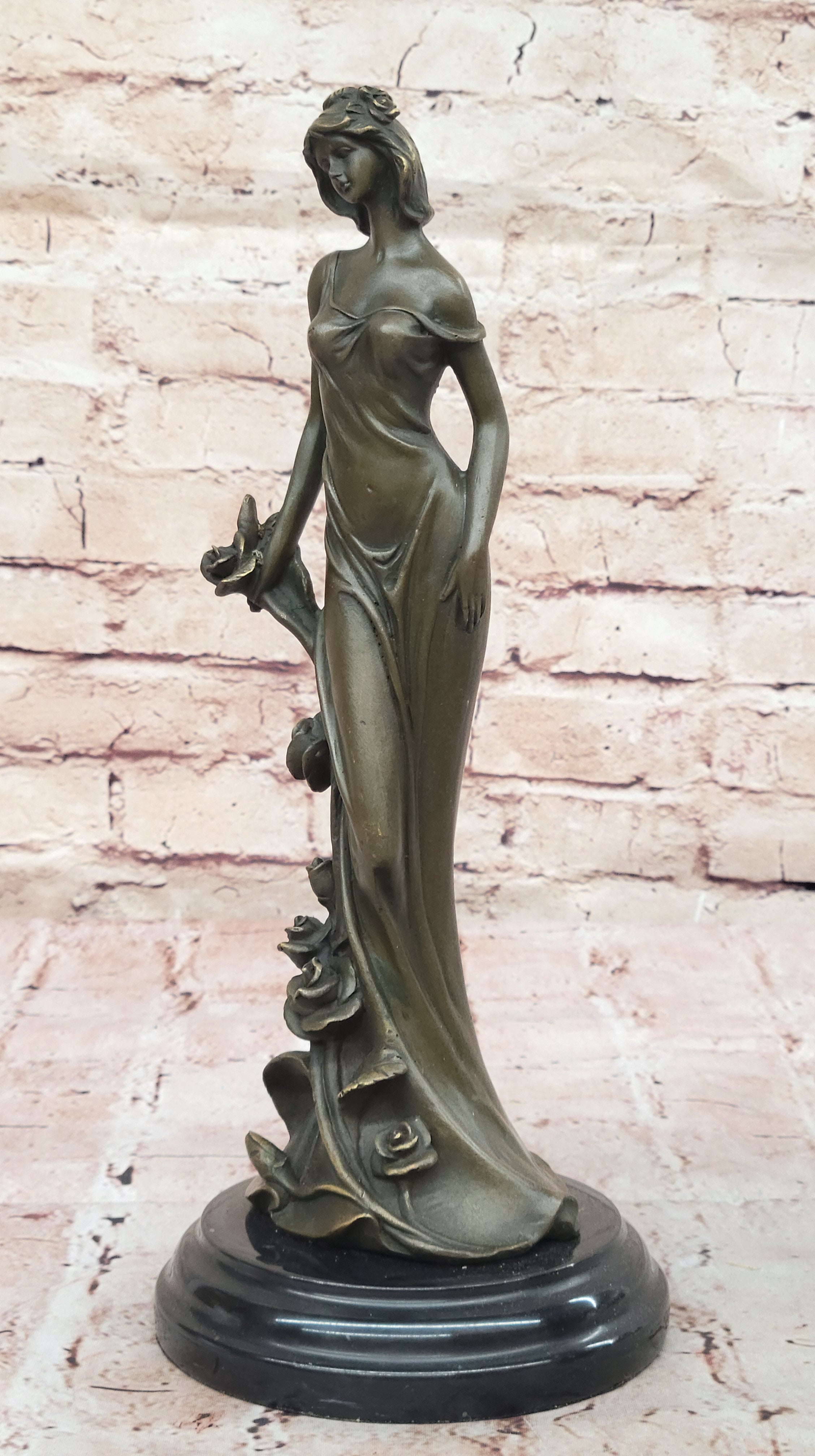 Bronze Lady with Roses Art Nouveau Sculpture by Kassin