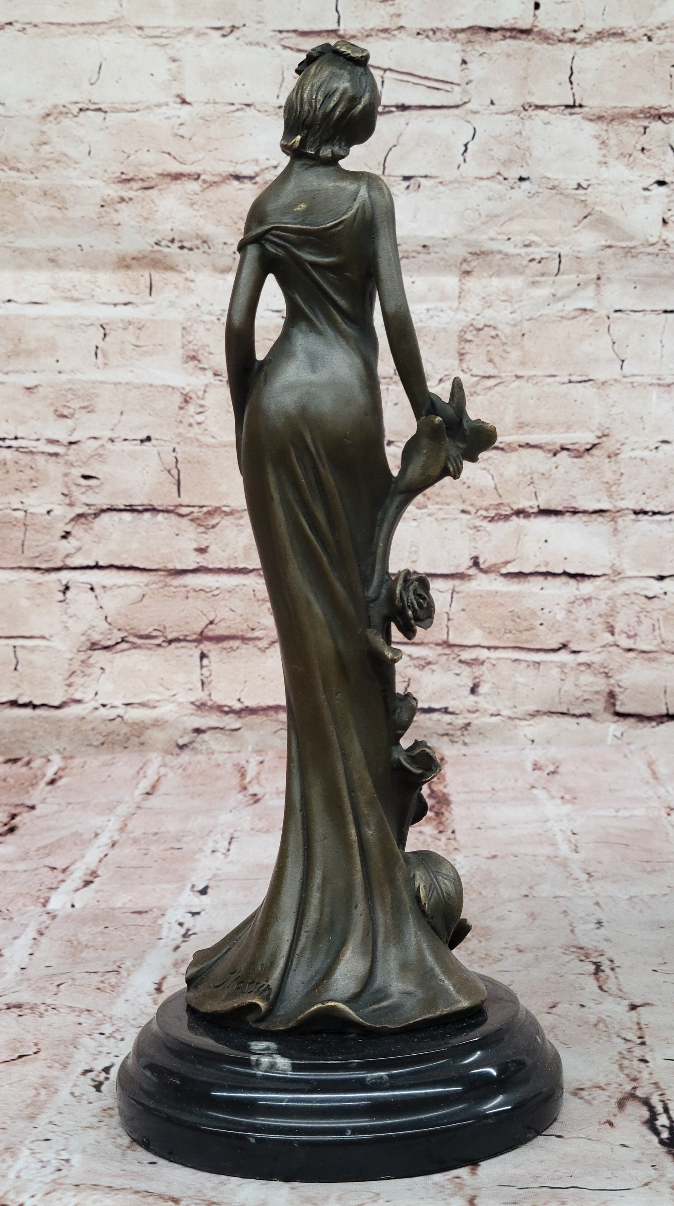 Bronze Lady with Roses Art Nouveau Sculpture by Kassin